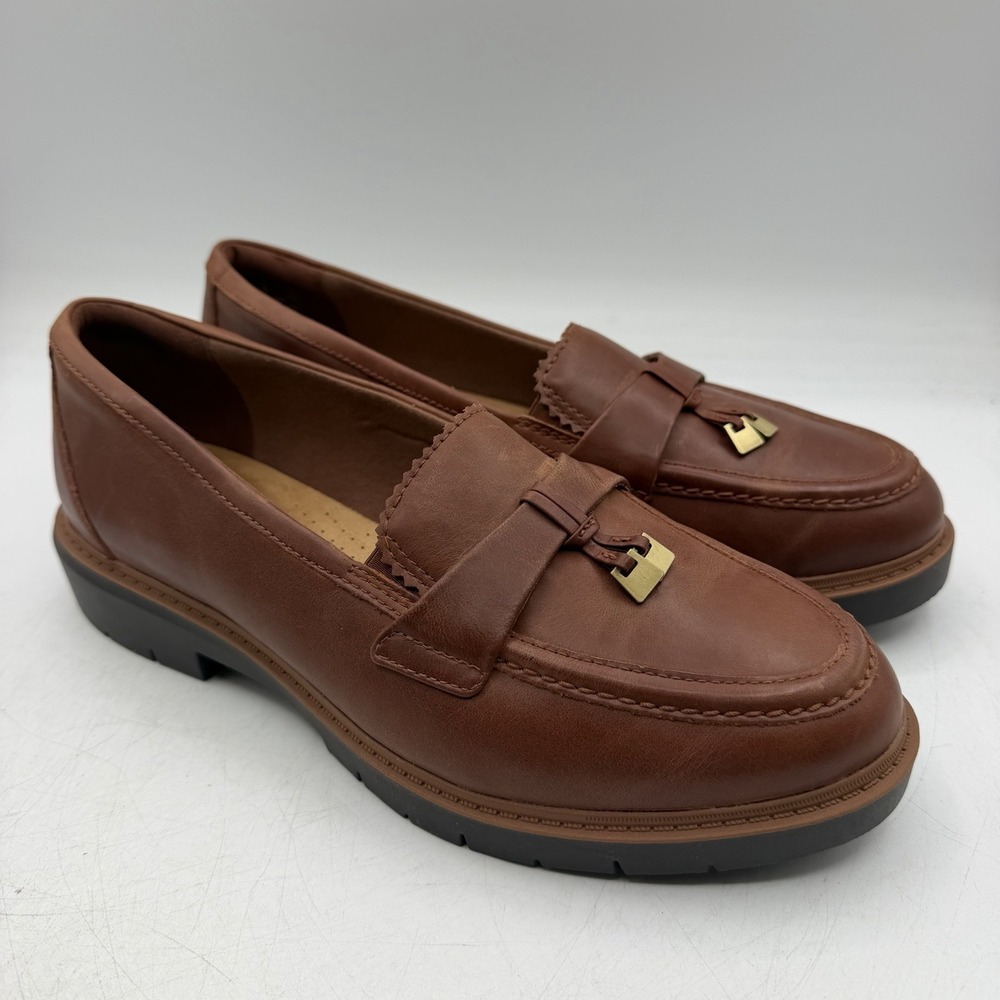 Clarks Westlynn Bella Loafers Women Sz 10 W WIDE Tan Brown Leather Slip On Shoes